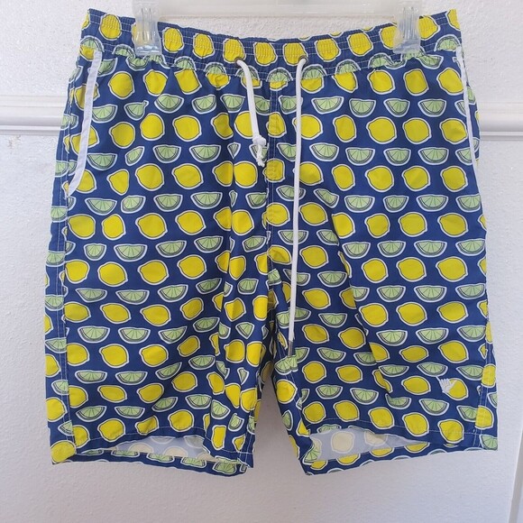 Beach Bros Board Shorts Swim Trunks Mens L Large Lemon Lime Print Lined - Picture 1 of 16